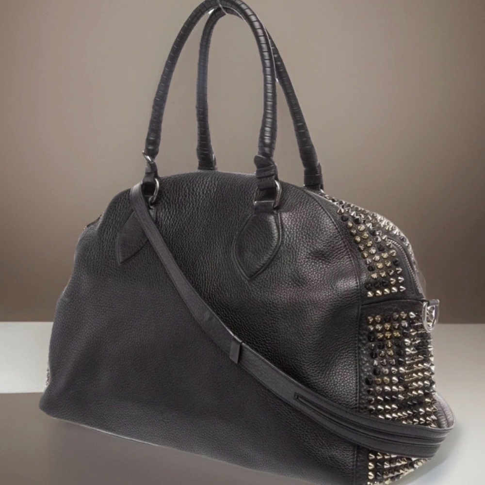 CHRISTIAN LOUBOUTIN Oversized Spiked Carryall Boston Bag Black Silver Gold Studs - Picture 2 of 10